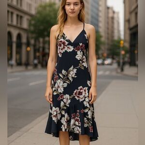 Zara Frilled Dark Romantic Asymmetrical Floral Camisole Dress in Navy Blue